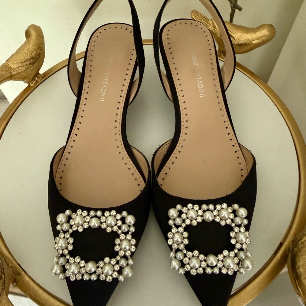 Adrienne Vittadini Slingback Kitten Black Heels with Pearl Embellishments